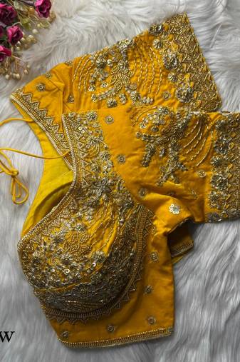 Yellow designer fandy silk blend party wear blouse