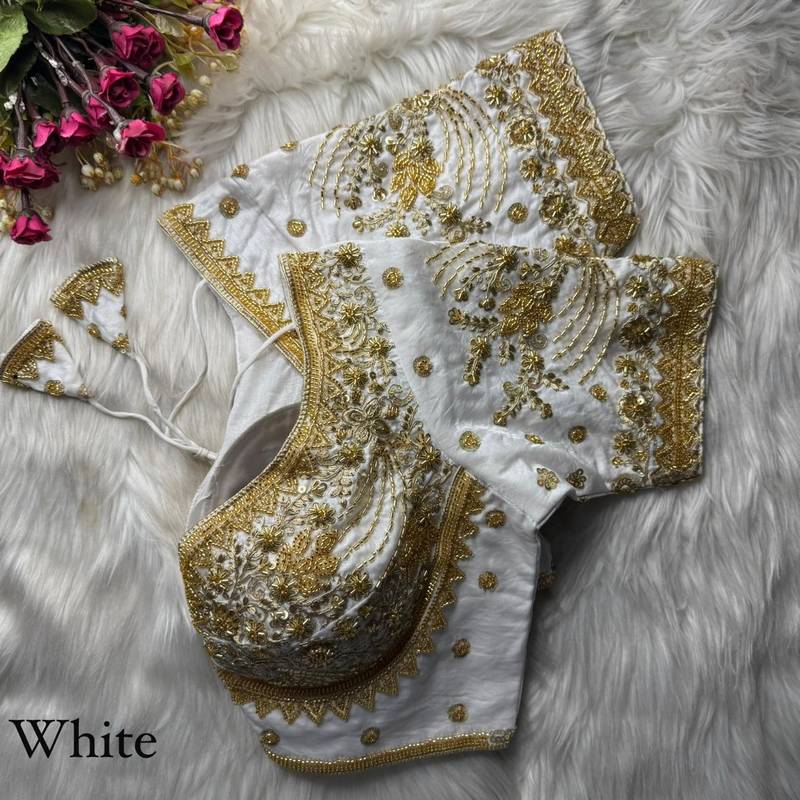 White designer fandy silk blend party wear blouse
