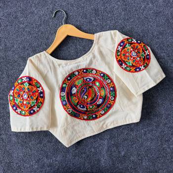 White navratri cotton blend khadi mirror work blouse 1