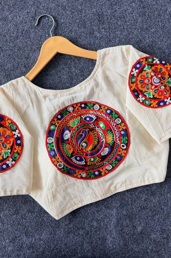 White navratri cotton blend khadi mirror work blouse