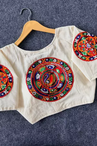 White navratri cotton blend khadi mirror work blouse
