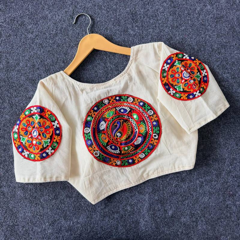 White navratri cotton blend khadi mirror work blouse