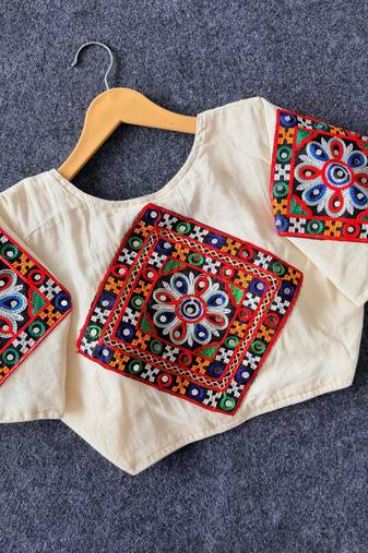 White navratri cotton khadi mirror work blouse