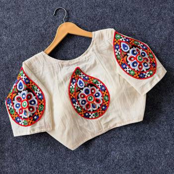 White navratri cotton blend khadi mirror work blouse 1