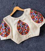 White navratri cotton blend khadi mirror work blouse
