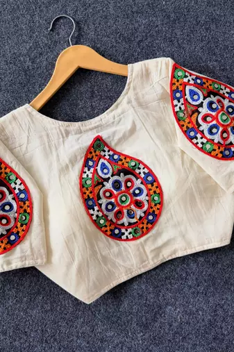 White navratri cotton blend khadi mirror work blouse