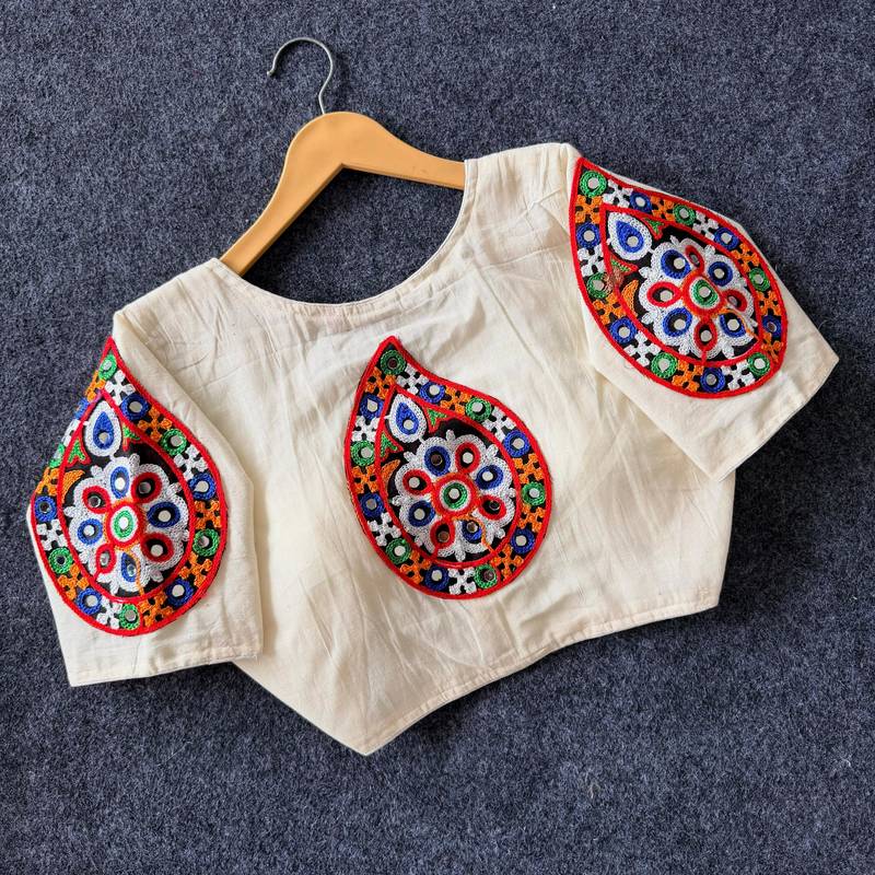 White navratri cotton blend khadi mirror work blouse