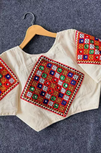 White navratri cotton  blend khadi mirror work blouse