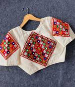 White navratri cotton  blend khadi mirror work blouse