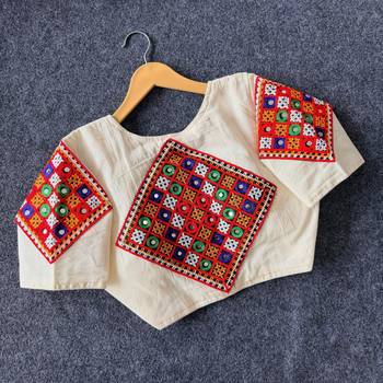 White navratri cotton  blend khadi mirror work blouse 2