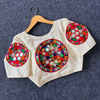 White navratri cotton blend khadi mirror work blouse 2