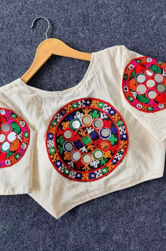 White navratri cotton blend khadi mirror work blouse