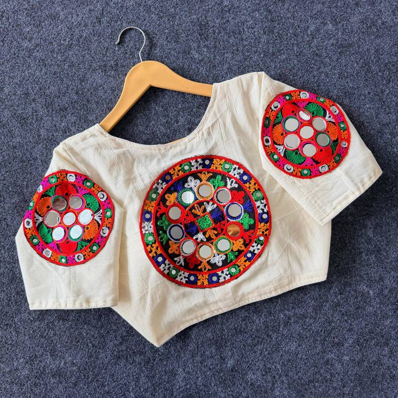 White navratri cotton blend khadi mirror work blouse