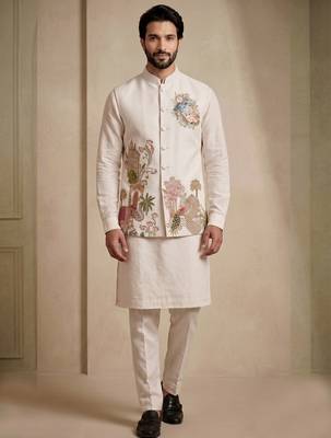Men embroidered designer kurta trouser and waistcoat set 2