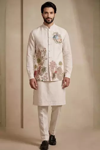 Men embroidered designer kurta trouser and waistcoat set