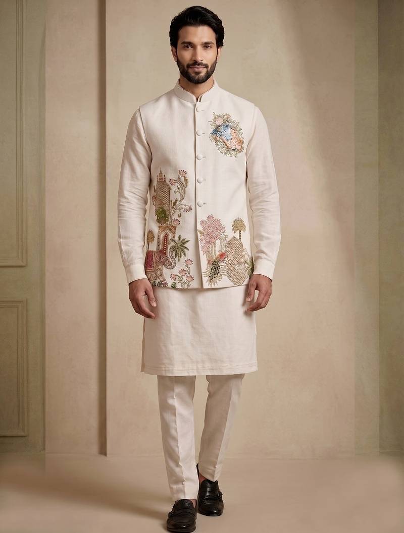 Men embroidered designer kurta trouser and waistcoat set