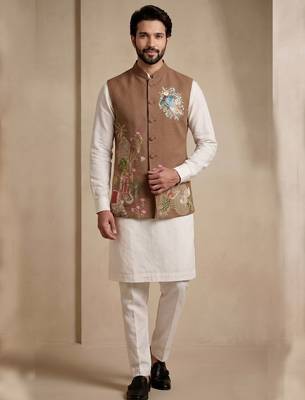 Men embroidered designer kurta trouser and waistcoat set 2