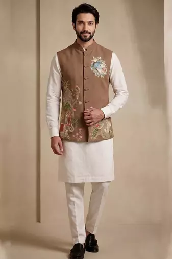 Men embroidered designer kurta trouser and waistcoat set