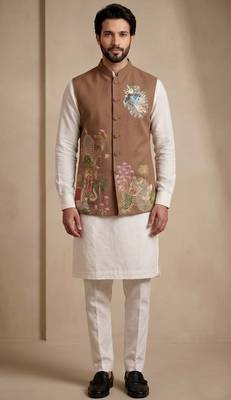 Men embroidered designer kurta trouser and waistcoat set 3