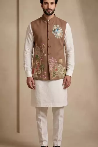 Men embroidered designer kurta trouser and waistcoat set