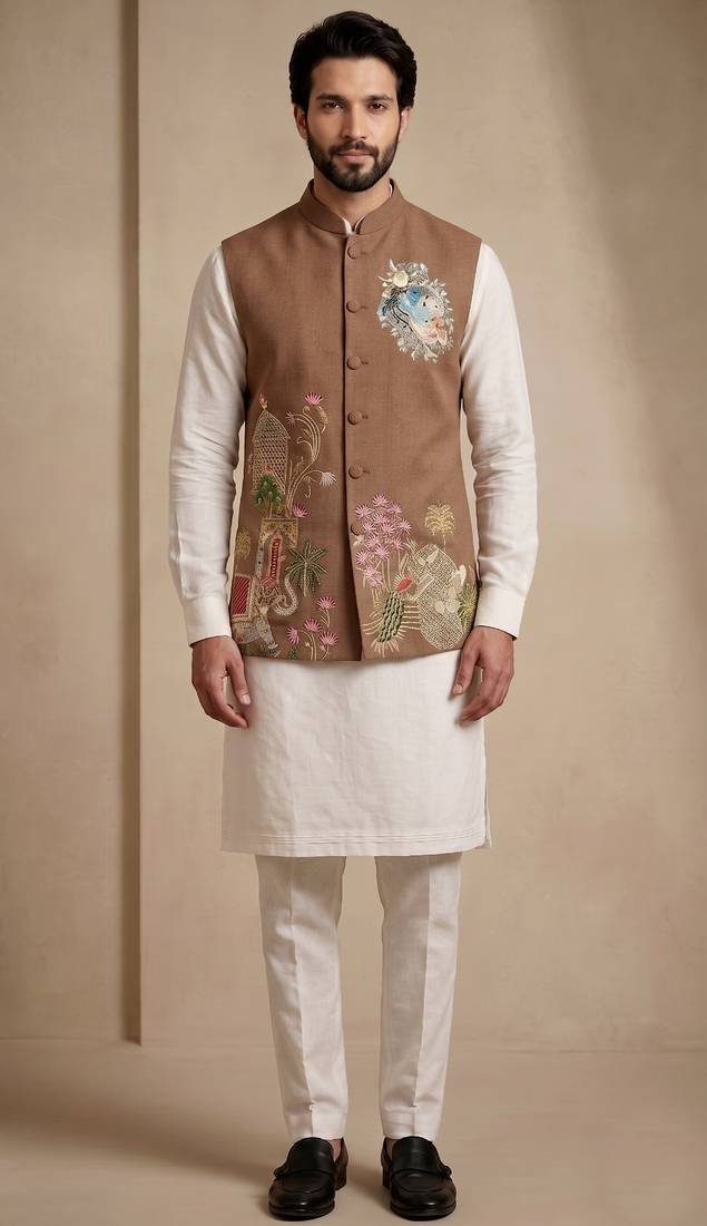 Men embroidered designer kurta trouser and waistcoat set