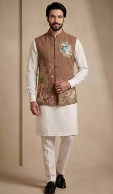 Men embroidered designer kurta trouser and waistcoat set 4