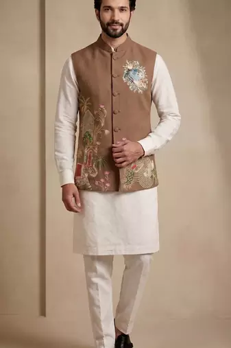 Men embroidered designer kurta trouser and waistcoat set