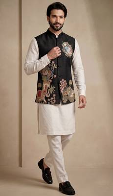Men embroidered designer kurta trouser and waistcoat set 1
