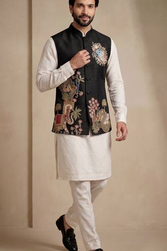 Men embroidered designer kurta trouser and waistcoat set