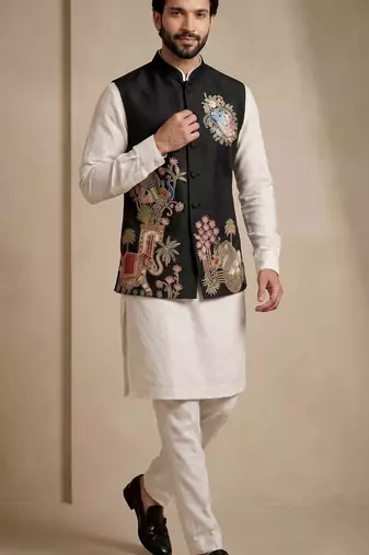 Men embroidered designer kurta trouser and waistcoat set