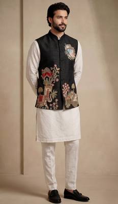 Men embroidered designer kurta trouser and waistcoat set 2