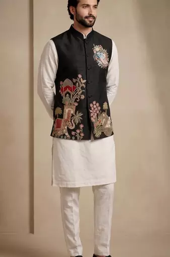 Men embroidered designer kurta trouser and waistcoat set