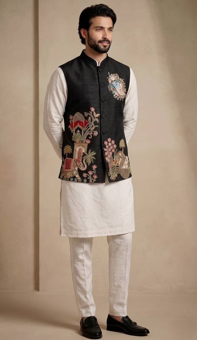 Men embroidered designer kurta trouser and waistcoat set