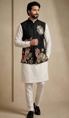 Men embroidered designer kurta trouser and waistcoat set 3