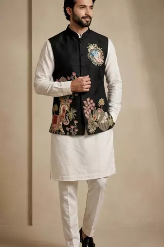 Men embroidered designer kurta trouser and waistcoat set