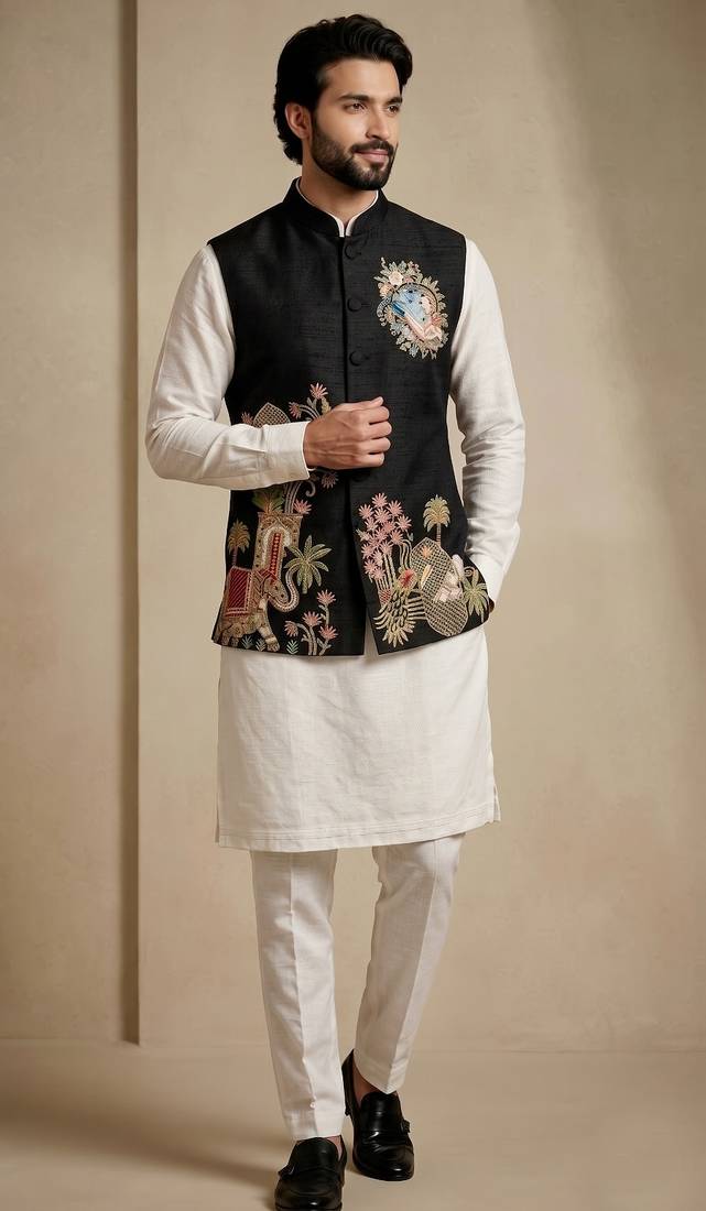 Men embroidered designer kurta trouser and waistcoat set