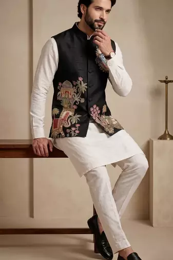 Men embroidered designer kurta trouser and waistcoat set