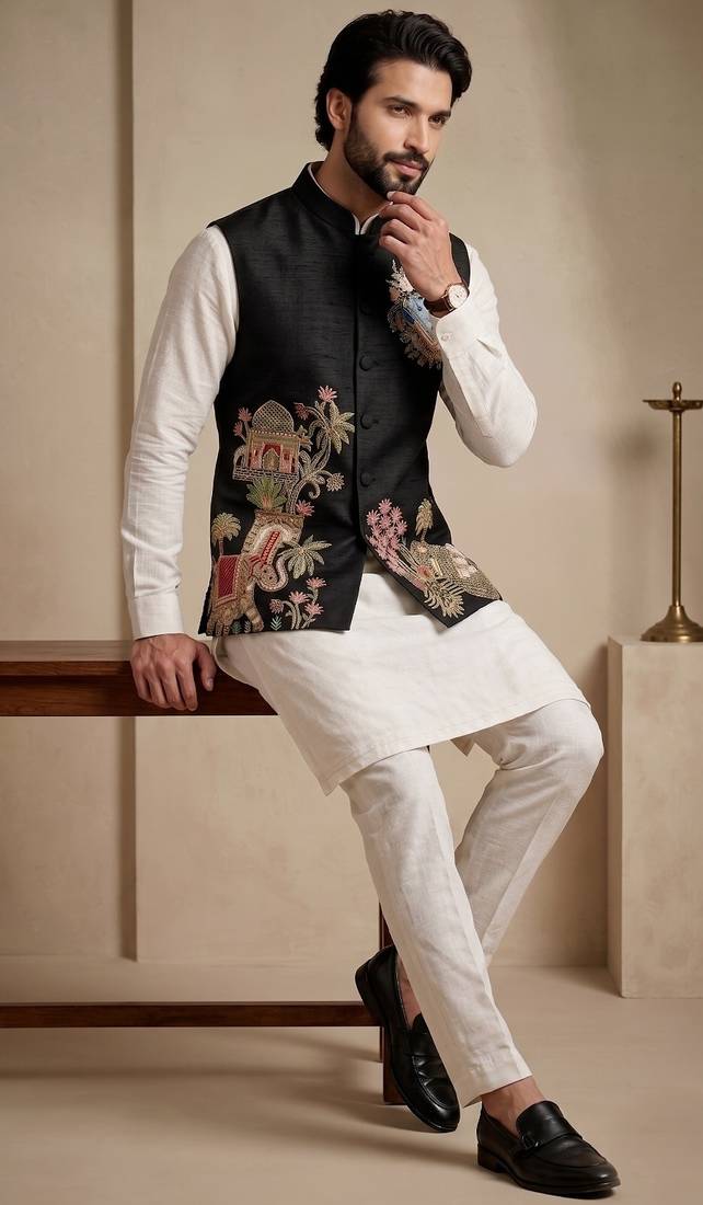 Men embroidered designer kurta trouser and waistcoat set