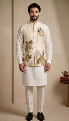 Men embroidered designer kurta trouser and waistcoat set 1