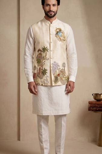 Men embroidered designer kurta trouser and waistcoat set