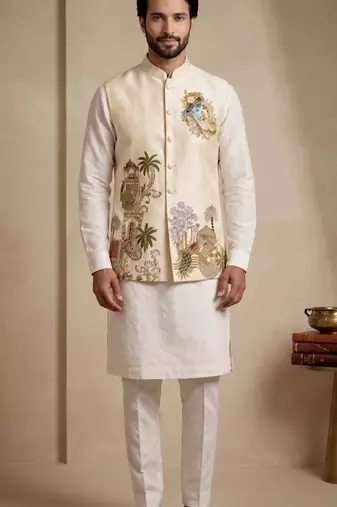 Men embroidered designer kurta trouser and waistcoat set