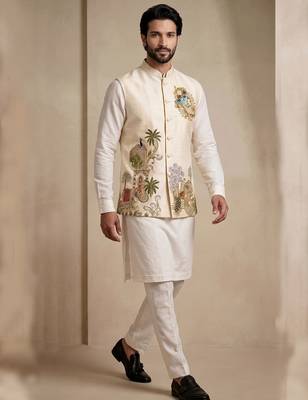 Men embroidered designer kurta trouser and waistcoat set 3