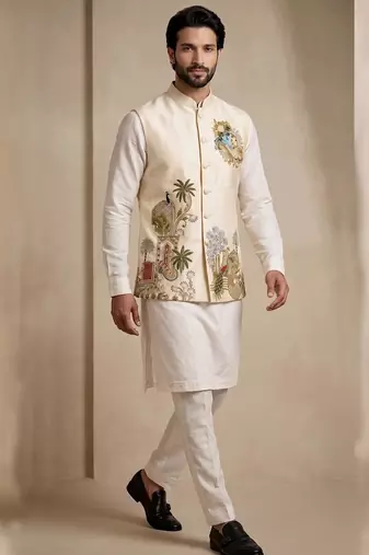 Men embroidered designer kurta trouser and waistcoat set