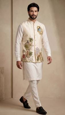 Men embroidered designer kurta trouser and waistcoat set 4