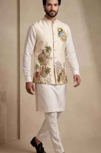 Men embroidered designer kurta trouser and waistcoat set
