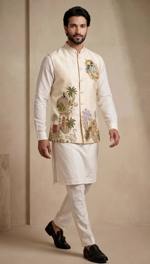 Men embroidered designer kurta trouser and waistcoat set
