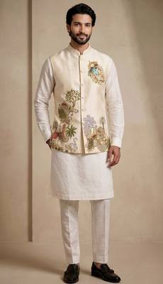 Men embroidered designer kurta trouser and waistcoat set 5