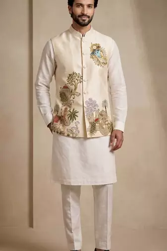 Men embroidered designer kurta trouser and waistcoat set