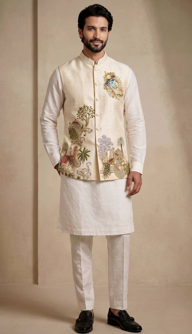 Men embroidered designer kurta trouser and waistcoat set