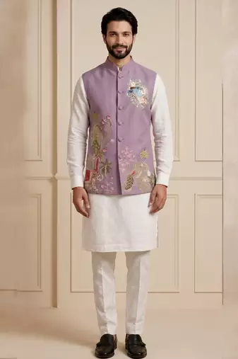 Men embroidered designer kurta trouser and waistcoat set